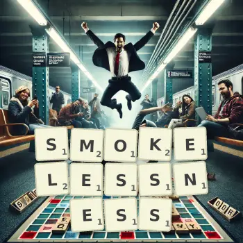Creative illustration for a Scrabble game with the word SMOKELESSNESS spelled out in tiles on the board.