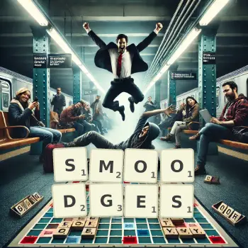 Creative illustration for a Scrabble game with the word SMOODGES spelled out in tiles on the board.