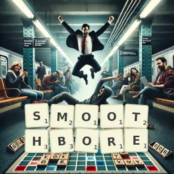 Creative illustration for a Scrabble game with the word SMOOTHBORE spelled out in tiles on the board.