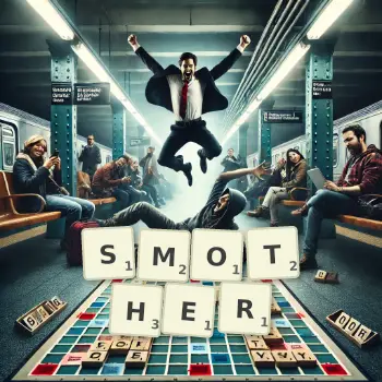 Creative illustration for a Scrabble game with the word SMOTHER spelled out in tiles on the board.