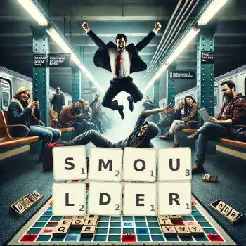 Creative illustration for a Scrabble game with the word SMOULDER spelled out in tiles on the board.