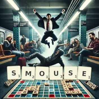 Creative illustration for a Scrabble game with the word SMOUSE spelled out in tiles on the board.