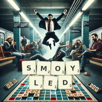 Creative illustration for a Scrabble game with the word SMOYLED spelled out in tiles on the board.