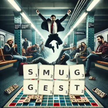 Creative illustration for a Scrabble game with the word SMUGGEST spelled out in tiles on the board.