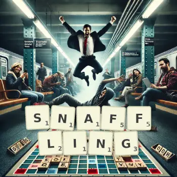 Creative illustration for a Scrabble game with the word SNAFFLING spelled out in tiles on the board.