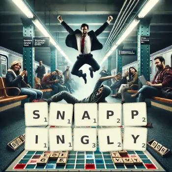 Creative illustration for a Scrabble game with the word SNAPPINGLY spelled out in tiles on the board.