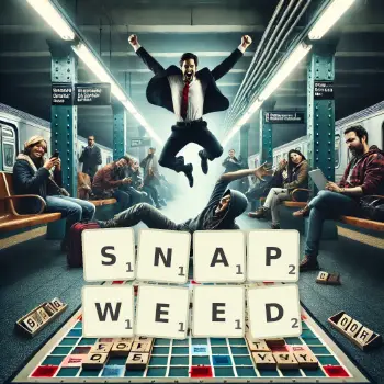 Creative illustration for a Scrabble game with the word SNAPWEED spelled out in tiles on the board.