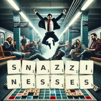 Creative illustration for a Scrabble game with the word SNAZZINESSES spelled out in tiles on the board.