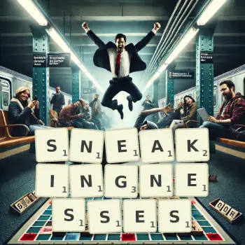 Creative illustration for a Scrabble game with the word SNEAKINGNESSES spelled out in tiles on the board.