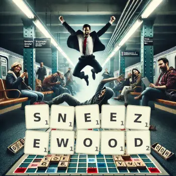 Creative illustration for a Scrabble game with the word SNEEZEWOOD spelled out in tiles on the board.