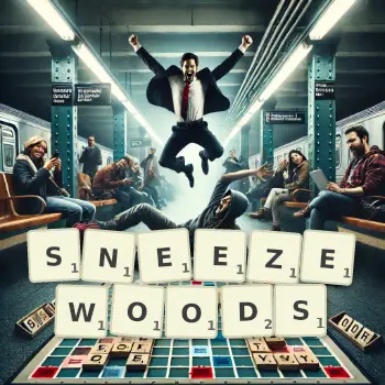 Creative illustration for a Scrabble game with the word SNEEZEWOODS spelled out in tiles on the board.