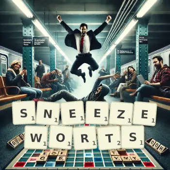Creative illustration for a Scrabble game with the word SNEEZEWORTS spelled out in tiles on the board.