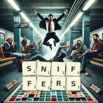Creative illustration for a Scrabble game with the word SNIFFERS spelled out in tiles on the board.