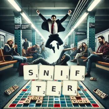 Creative illustration for a Scrabble game with the word SNIFTER spelled out in tiles on the board.