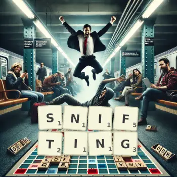 Creative illustration for a Scrabble game with the word SNIFTING spelled out in tiles on the board.