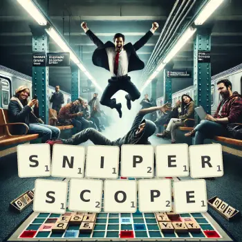 Creative illustration for a Scrabble game with the word SNIPERSCOPE spelled out in tiles on the board.