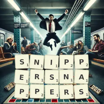Creative illustration for a Scrabble game with the word SNIPPERSNAPPERS spelled out in tiles on the board.