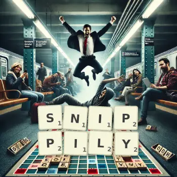 Creative illustration for a Scrabble game with the word SNIPPILY spelled out in tiles on the board.