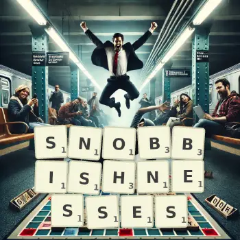 Creative illustration for a Scrabble game with the word SNOBBISHNESSES spelled out in tiles on the board.
