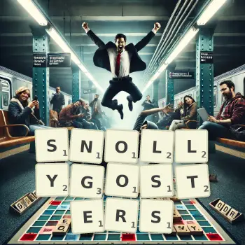 Creative illustration for a Scrabble game with the word SNOLLYGOSTERS spelled out in tiles on the board.
