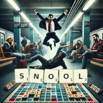 Creative illustration for a Scrabble game with the word SNOOL spelled out in tiles on the board.
