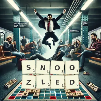 Creative illustration for a Scrabble game with the word SNOOZLED spelled out in tiles on the board.