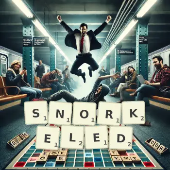 Creative illustration for a Scrabble game with the word SNORKELED spelled out in tiles on the board.