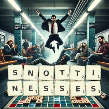 Creative illustration for a Scrabble game with the word SNOTTINESSES spelled out in tiles on the board.