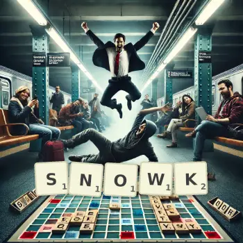 Creative illustration for a Scrabble game with the word SNOWK spelled out in tiles on the board.