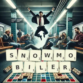 Creative illustration for a Scrabble game with the word SNOWMOBILER spelled out in tiles on the board.