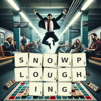 Creative illustration for a Scrabble game with the word SNOWPLOUGHING spelled out in tiles on the board.