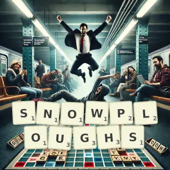 Creative illustration for a Scrabble game with the word SNOWPLOUGHS spelled out in tiles on the board.