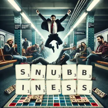 Creative illustration for a Scrabble game with the word SNUBBINESS spelled out in tiles on the board.