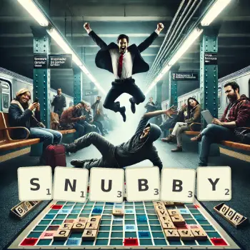 Creative illustration for a Scrabble game with the word SNUBBY spelled out in tiles on the board.