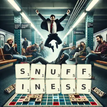 Creative illustration for a Scrabble game with the word SNUFFINESS spelled out in tiles on the board.