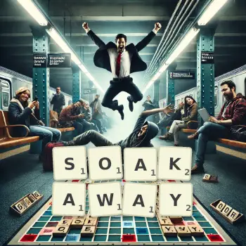 Creative illustration for a Scrabble game with the word SOAKAWAY spelled out in tiles on the board.