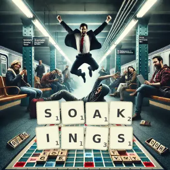 Creative illustration for a Scrabble game with the word SOAKINGS spelled out in tiles on the board.