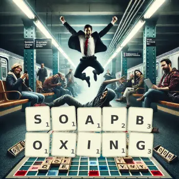 Creative illustration for a Scrabble game with the word SOAPBOXING spelled out in tiles on the board.