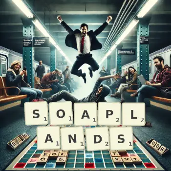 Creative illustration for a Scrabble game with the word SOAPLANDS spelled out in tiles on the board.