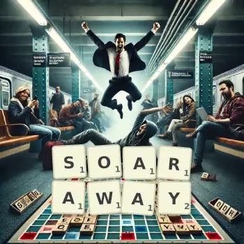 Creative illustration for a Scrabble game with the word SOARAWAY spelled out in tiles on the board.