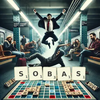 Creative illustration for a Scrabble game with the word SOBAS spelled out in tiles on the board.