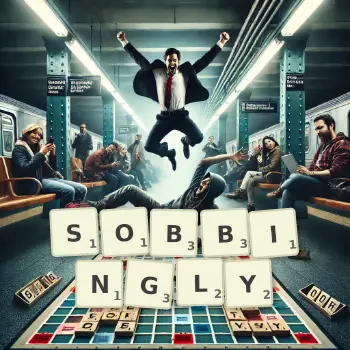 Creative illustration for a Scrabble game with the word SOBBINGLY spelled out in tiles on the board.