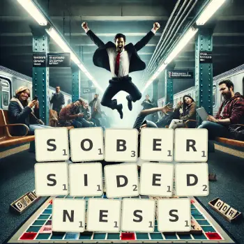Creative illustration for a Scrabble game with the word SOBERSIDEDNESS spelled out in tiles on the board.