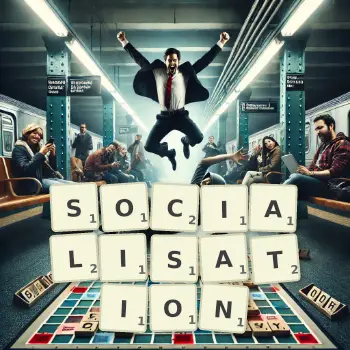 Creative illustration for a Scrabble game with the word SOCIALISATION spelled out in tiles on the board.