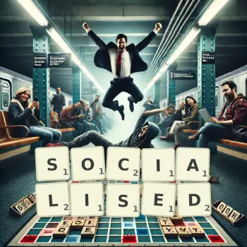 Creative illustration for a Scrabble game with the word SOCIALISED spelled out in tiles on the board.