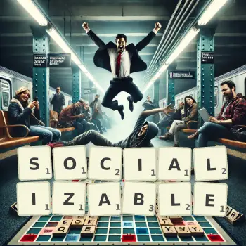 Creative illustration for a Scrabble game with the word SOCIALIZABLE spelled out in tiles on the board.