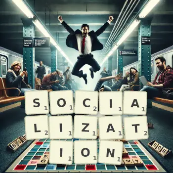 Creative illustration for a Scrabble game with the word SOCIALIZATION spelled out in tiles on the board.