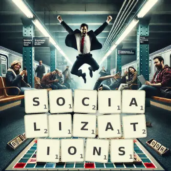 Creative illustration for a Scrabble game with the word SOCIALIZATIONS spelled out in tiles on the board.