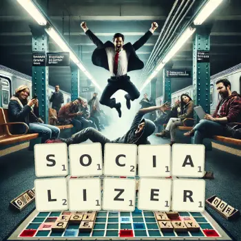 Creative illustration for a Scrabble game with the word SOCIALIZER spelled out in tiles on the board.