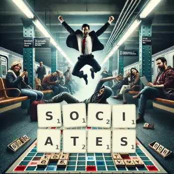 Creative illustration for a Scrabble game with the word SOCIATES spelled out in tiles on the board.